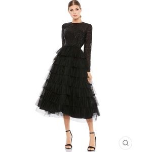Ieena for Mac Duggal 26299 Long Sleeve Ruffle Tiered Midi Dress Black Size 6